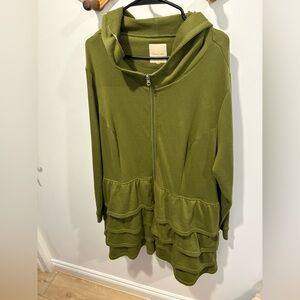 ModCloth olive green ruffled hooded zip-up sweatshirt